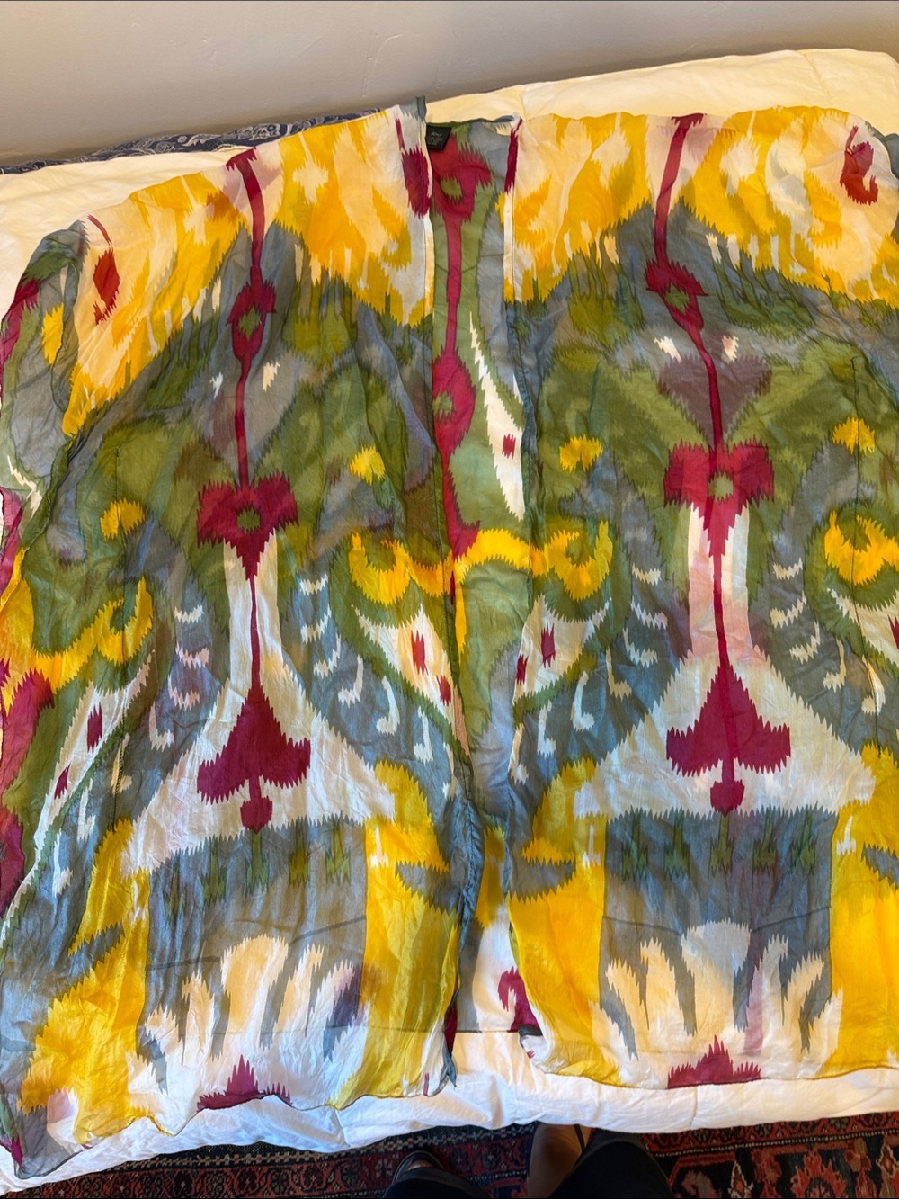 Raj Silk Ikat kimono in Green, Pink, Blue and Cream